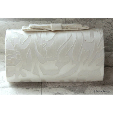 Wedding Party Clutch, Hard Body Purse, White Fabric Purse With Grey Flower Applique